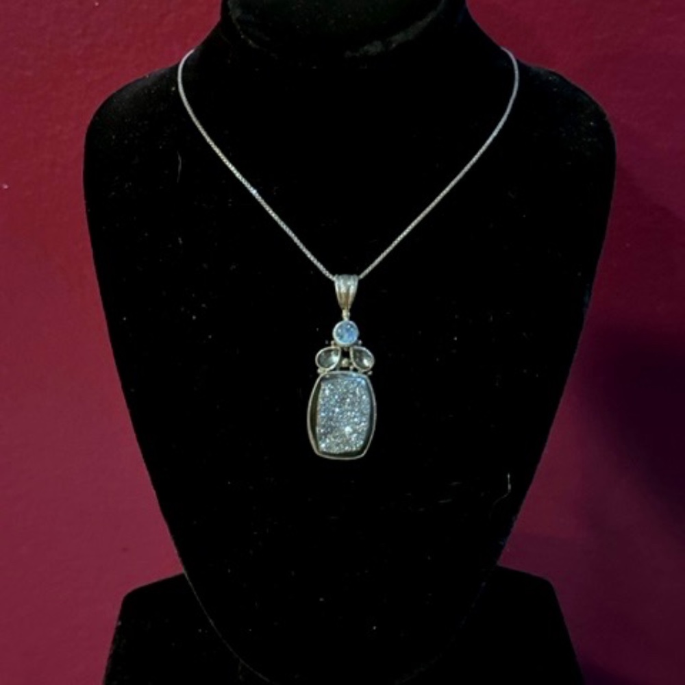 Silver/Gray Druzy Quartz Necklace with Moonstone Accent